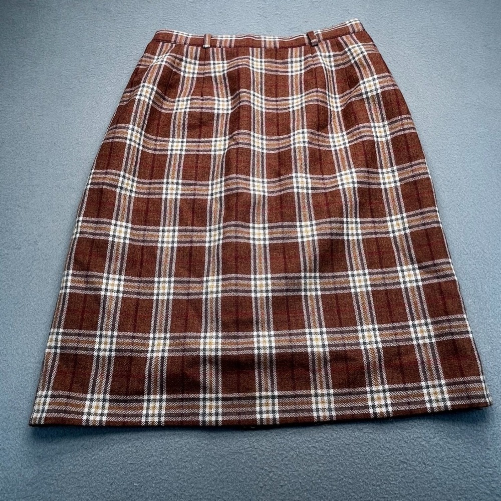 Vintage Women Wool Tartan Plaid Skirt Brown Classic Knee Length‎ Elastic Waist